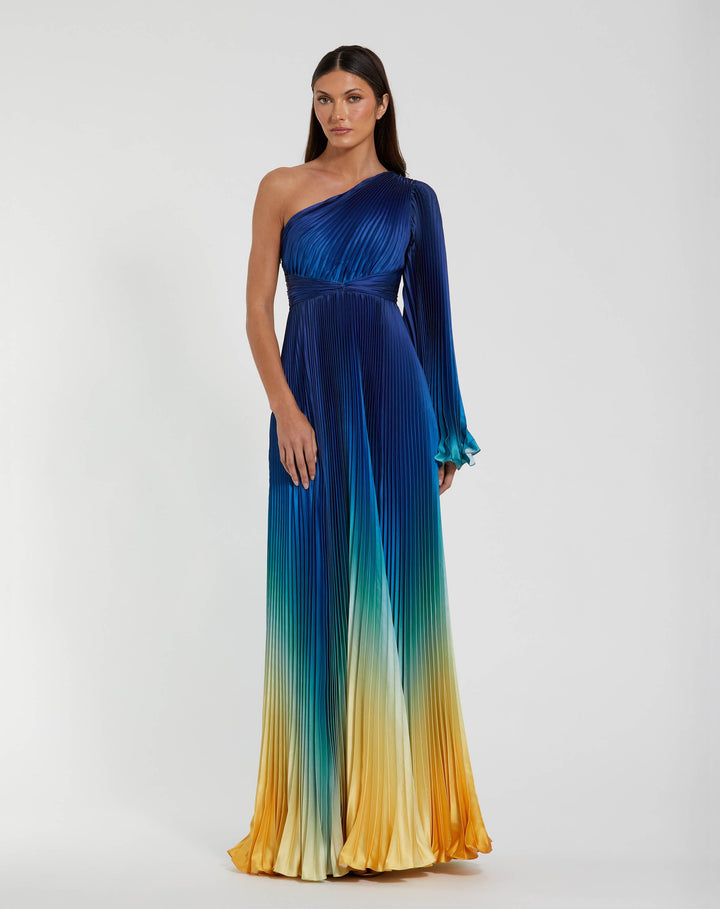 Mac Duggal 9949903P Petite Pleated Charmeuse One Shoulder Ombre Gown