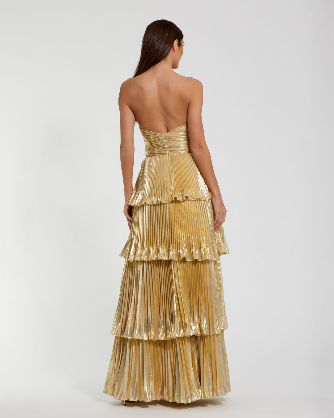 Mac Duggal 9949911P Petite Gold Strapless Pleated Metallic Layered Ruffle Gown