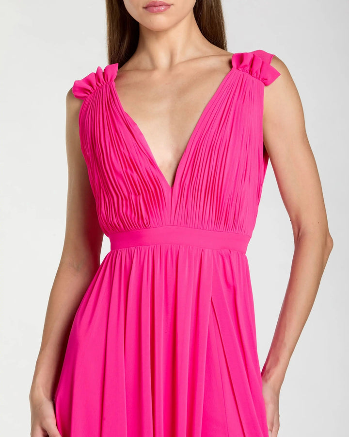 Mac Duggal 9955321P Petite Pink Sleeveless Pleated Chiffon V-Neck Gown