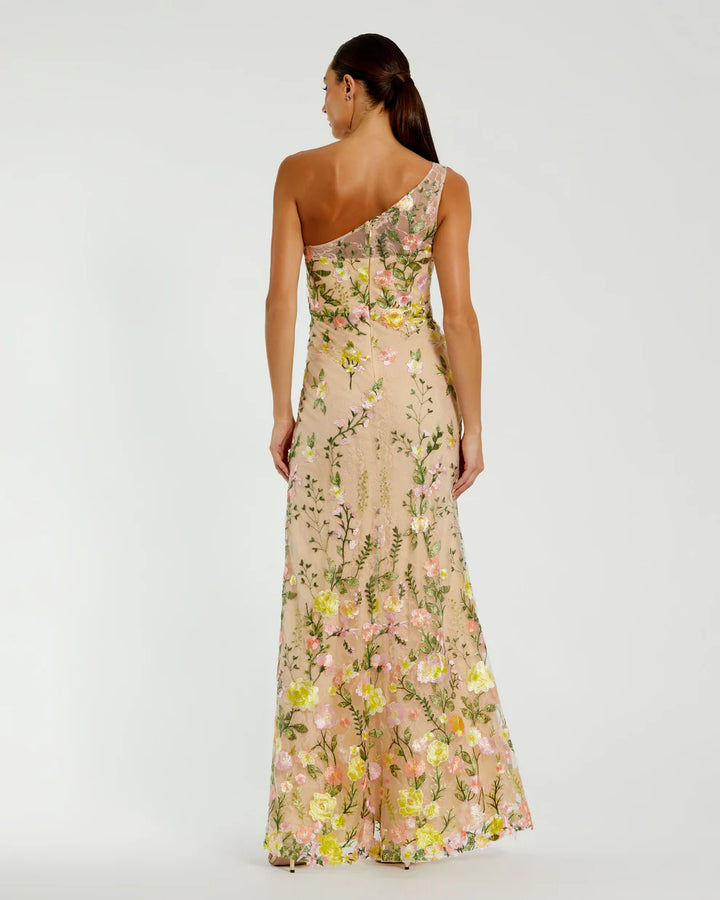 Mac Duggal 68606 Petite Green One Shoulder Floral Embroidered Gown