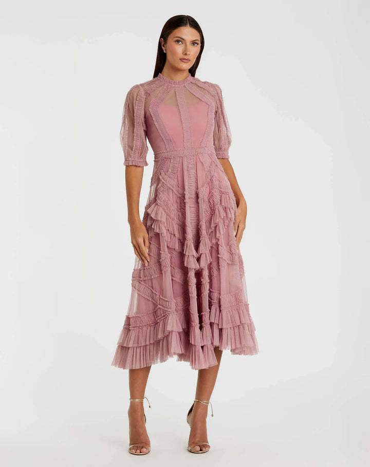 Mac Duggal 998058P High Neck Micro Ruffle Tiered Midi Dress - FOSTANI.com