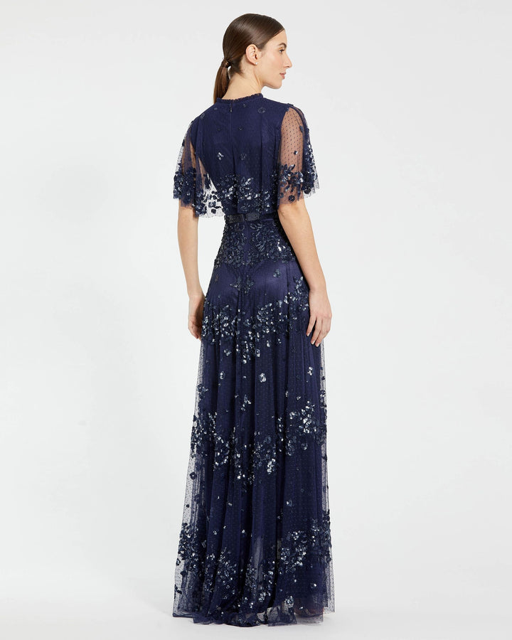 Mac Duggal 9192 Sequined High Neck Flutter Sleeve A Line Gown