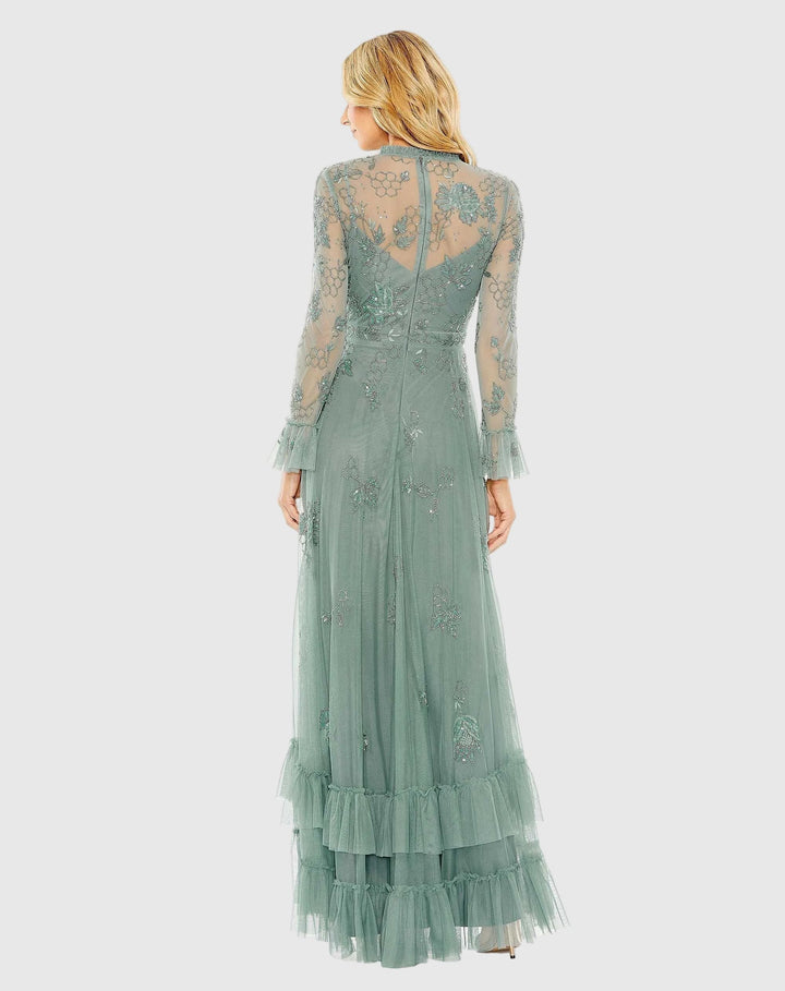 Mac Duggal 9249 Embellished Long Sleeve Ruffle Gown