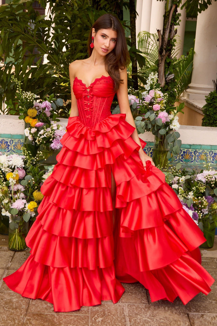 Ava Presley 47372 lace corset ruffle ball gown front view 6
