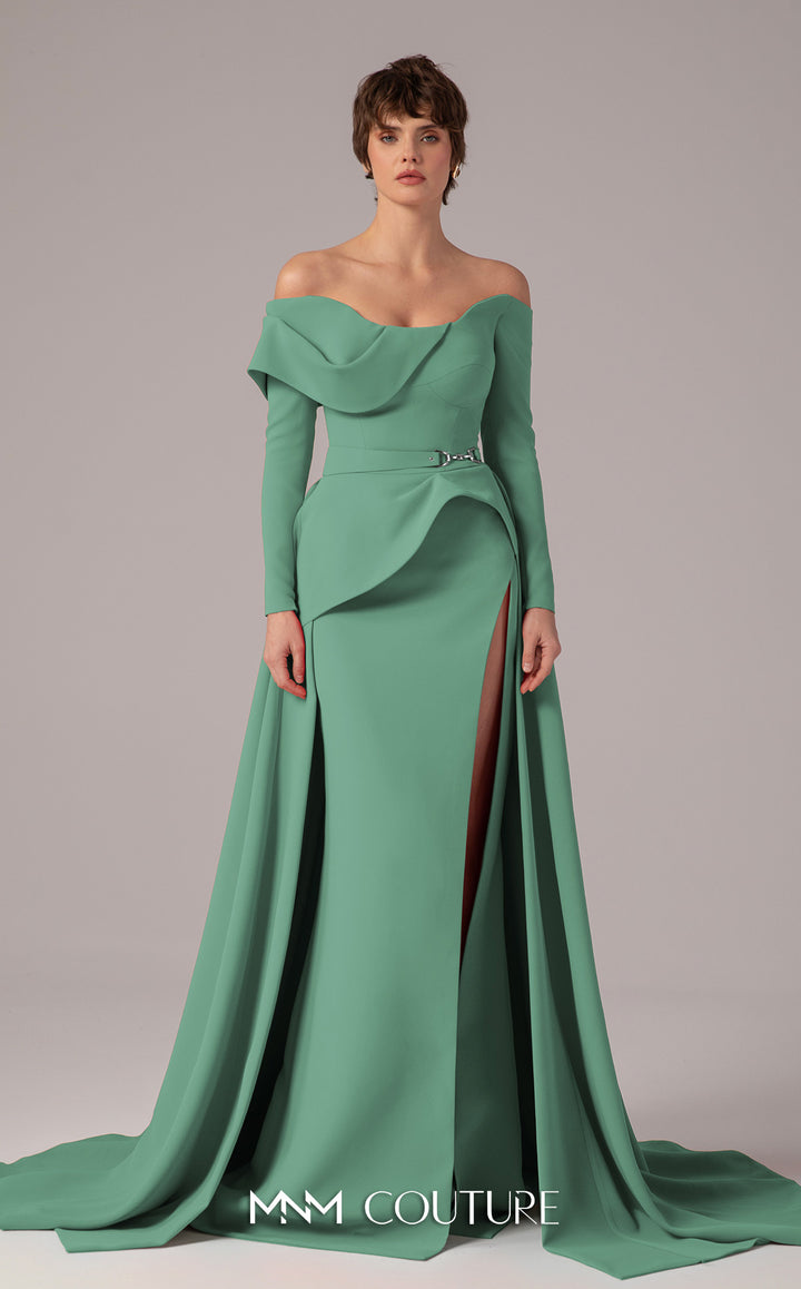 MNM Couture E0099 Off-The-Shoulder Long Sleeve Peplum Mother of the bride Dress