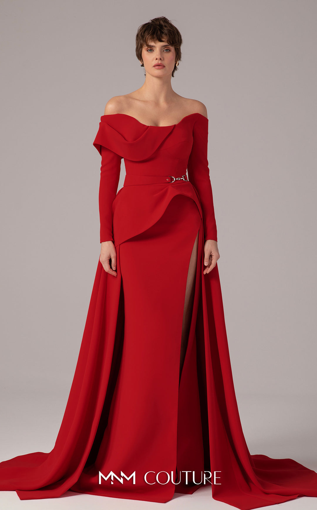 MNM Couture E0099 Off-The-Shoulder Long Sleeve Peplum Mother of the bride Dress