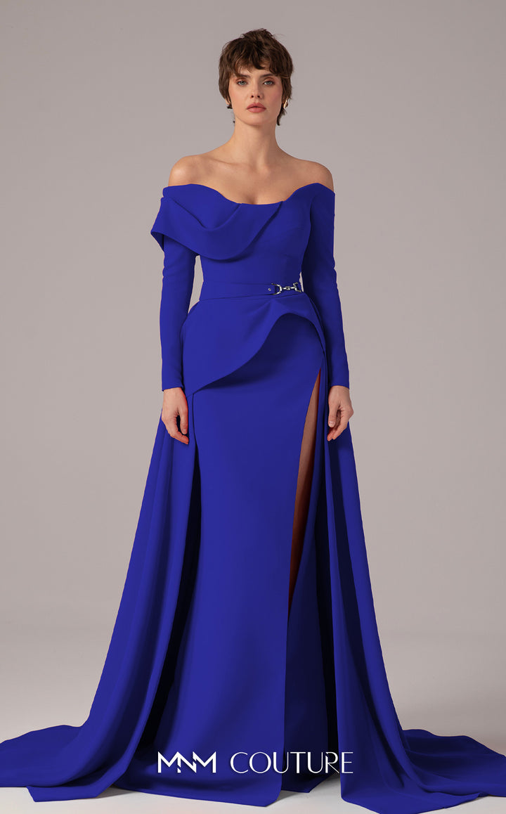 MNM Couture E0099 Off-The-Shoulder Long Sleeve Peplum Mother of the bride Dress