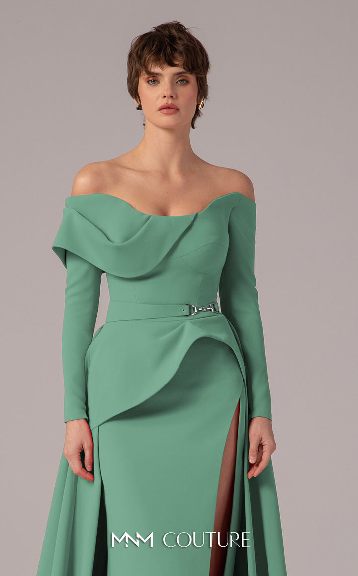MNM Couture E0099 Off-The-Shoulder Long Sleeve Peplum Mother of the bride Dress