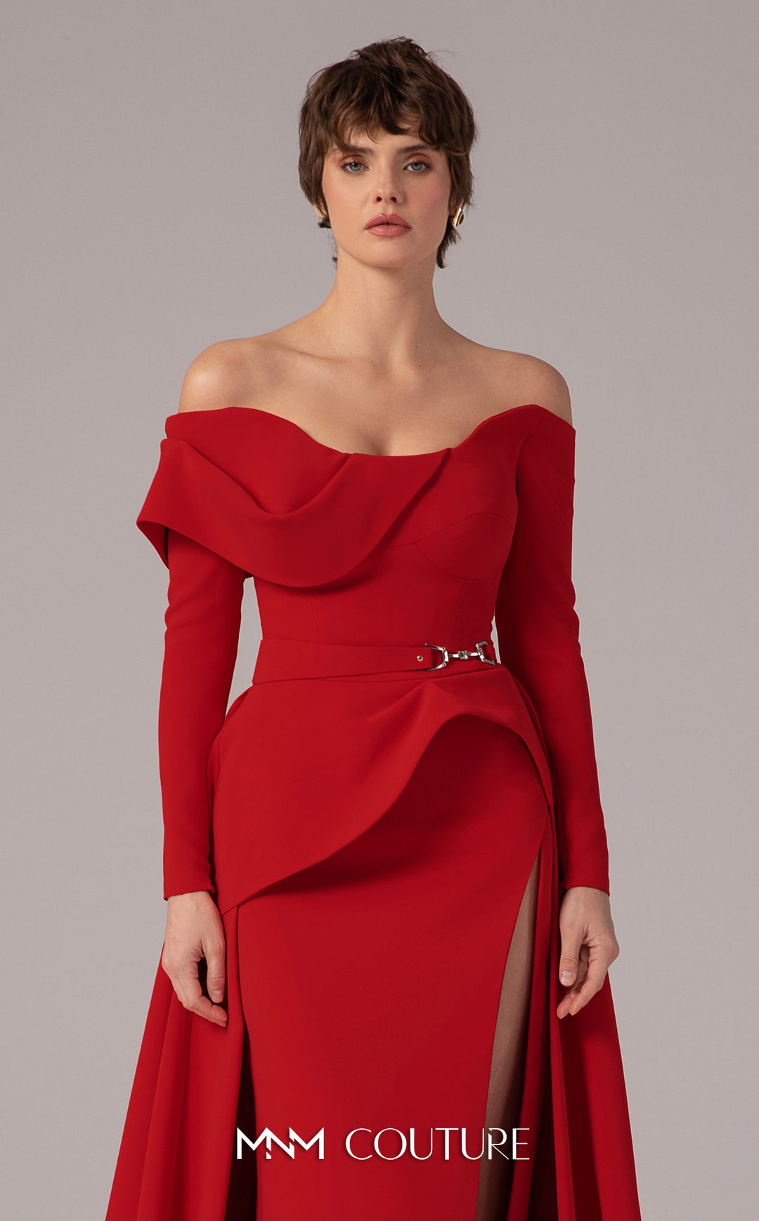 MNM Couture E0099 Off-The-Shoulder Long Sleeve Peplum Mother of the bride Dress