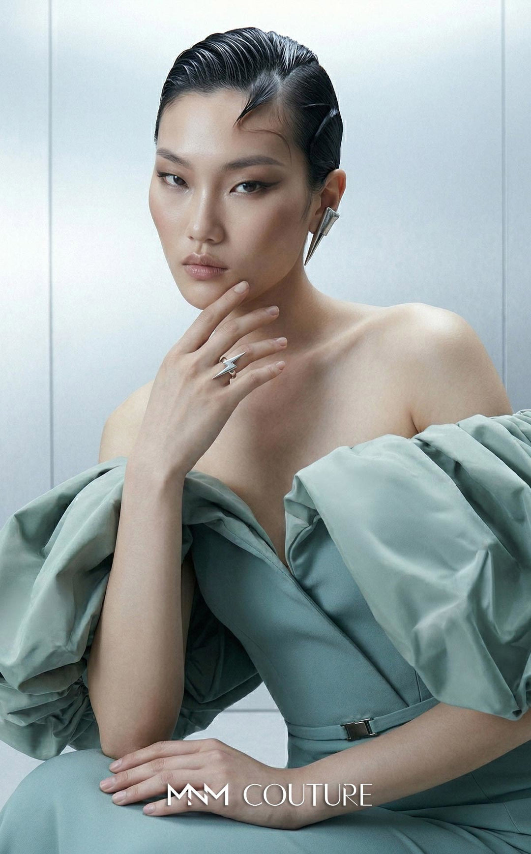 MNM Couture Style E0165 Luxurious Crepe Gown with Puffy Taffeta Sleeves - FOSTANI.com