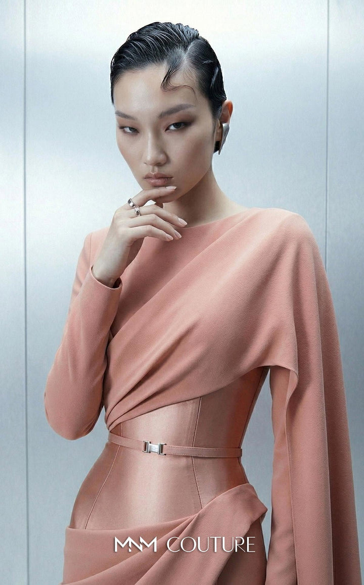 MNM Couture Style E0166 Exclusive Asymmetrical Close-Neck Crepe Gown - FOSTANI.com