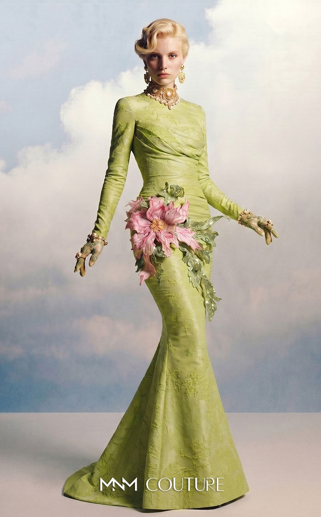 MNM Couture F02909A High Neck Floral Applique Gown