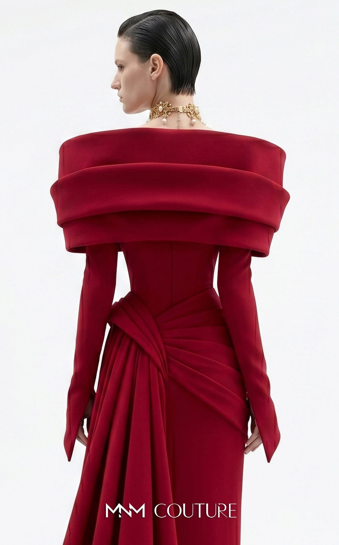 Fouad Sarkis F03049 Open V-Shape Fitted Sleeves Sheath Couture Dress