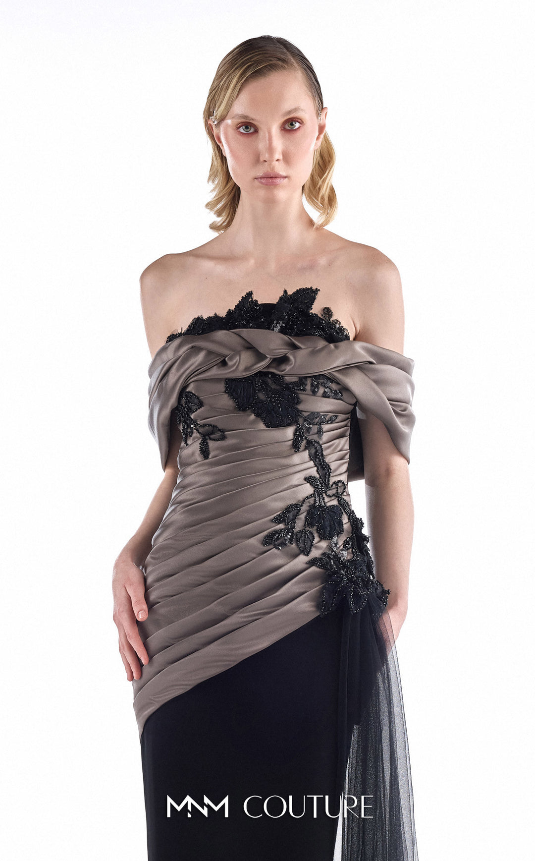 Gaby Charbachy G2228 couture gown, pleated bodice and beaded appliqué detail