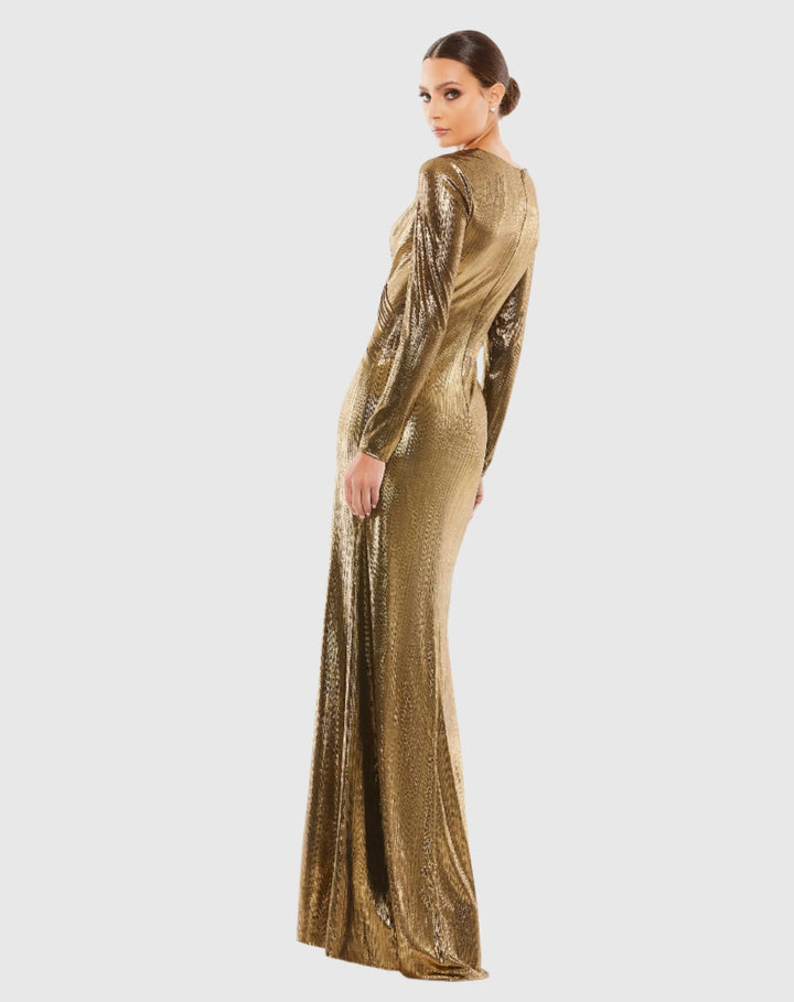 Mac Duggal 26684 Metallic Long Sleeve Asymmetrical Ruched Gown