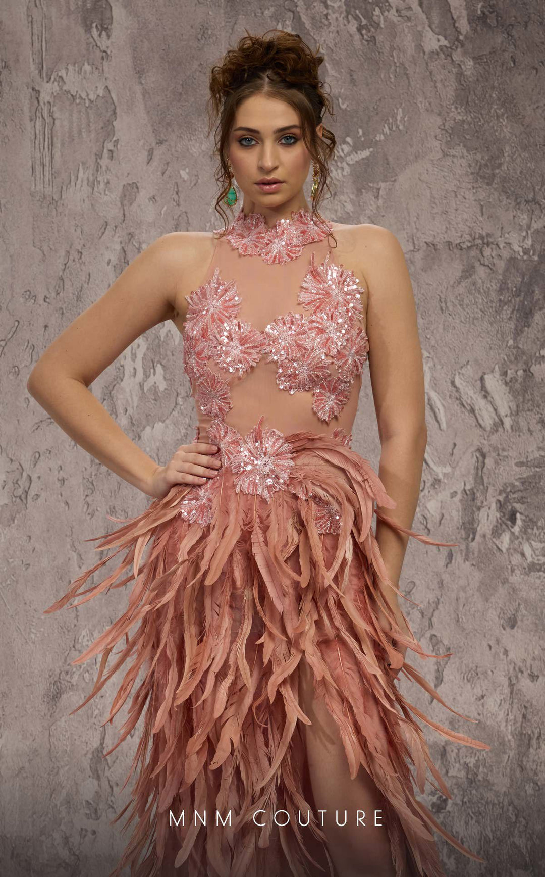 MNM Couture J03381 Feathered Dress with Sequined Halter Top