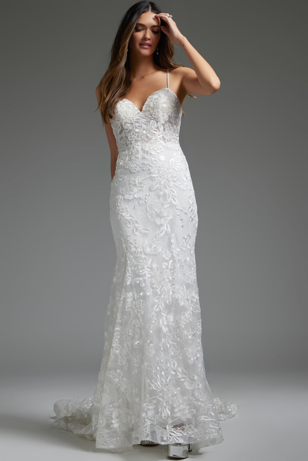 Jovani JB37538 Spaghetti Straps Floral Embroidered Dress