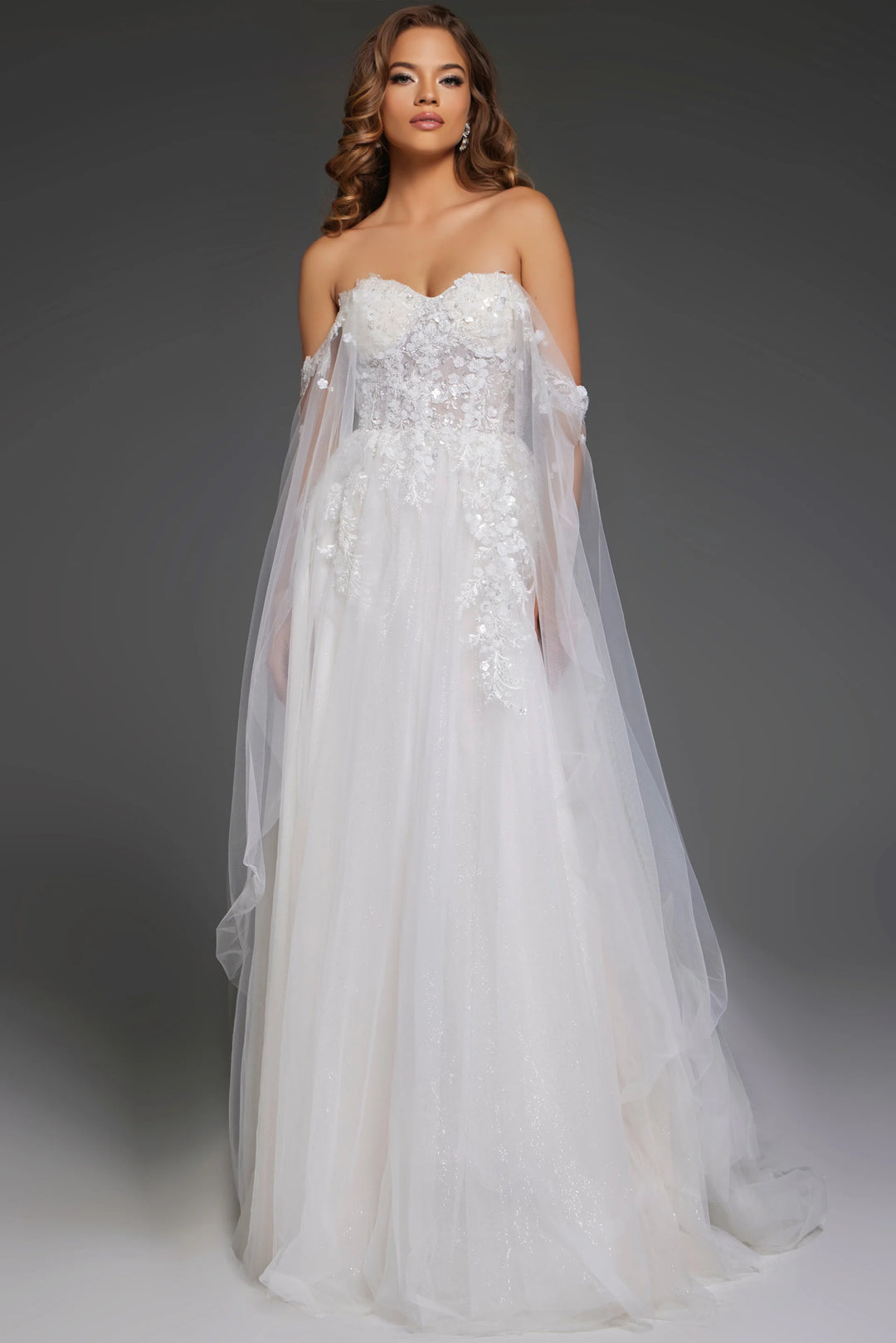 Jovani JB42481 Off the Shoulder Wedding Gown with Delicate Floral Embroidery