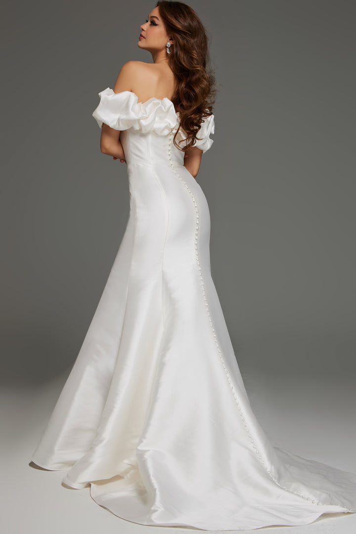 Jovani JB43896 Off the Shoulder Satin Bridal Gown with Ruffled Sleeves and Train