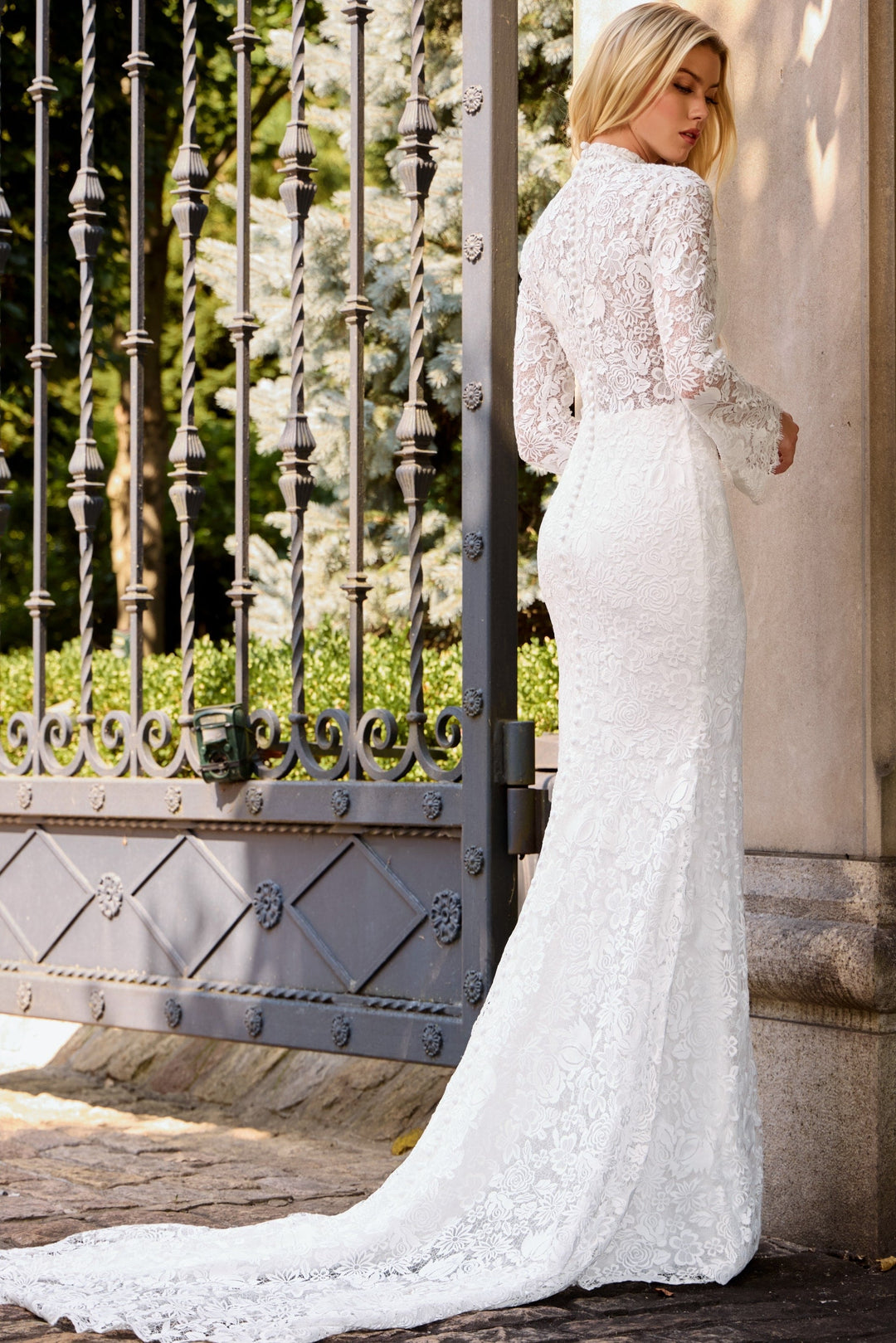Jovani JB45767 High Neck Lace Wedding Dress Sheath Gown