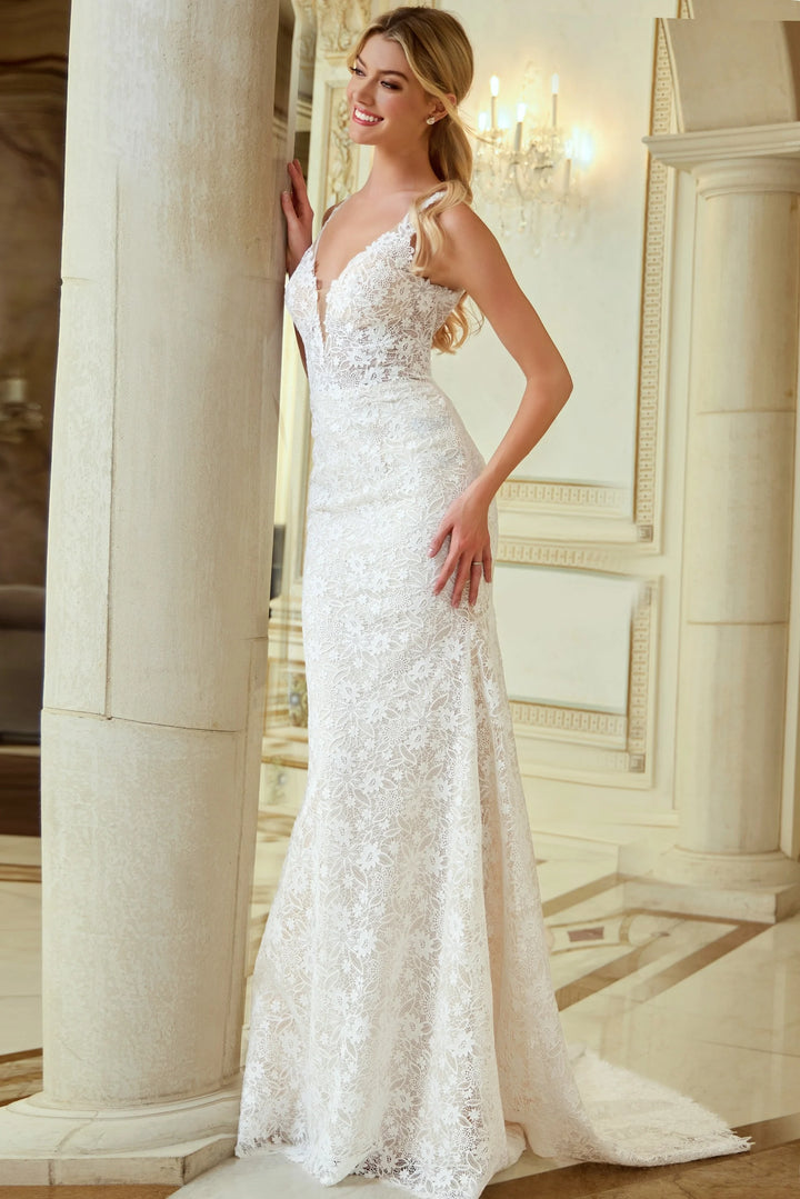 Jovani JB47331 Lace Sheath Wedding Dress with Plunging Neckline