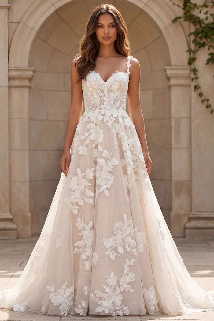 Jovani JB99062 Floral Lace A Line Bridal Gown With Sheer Bodice