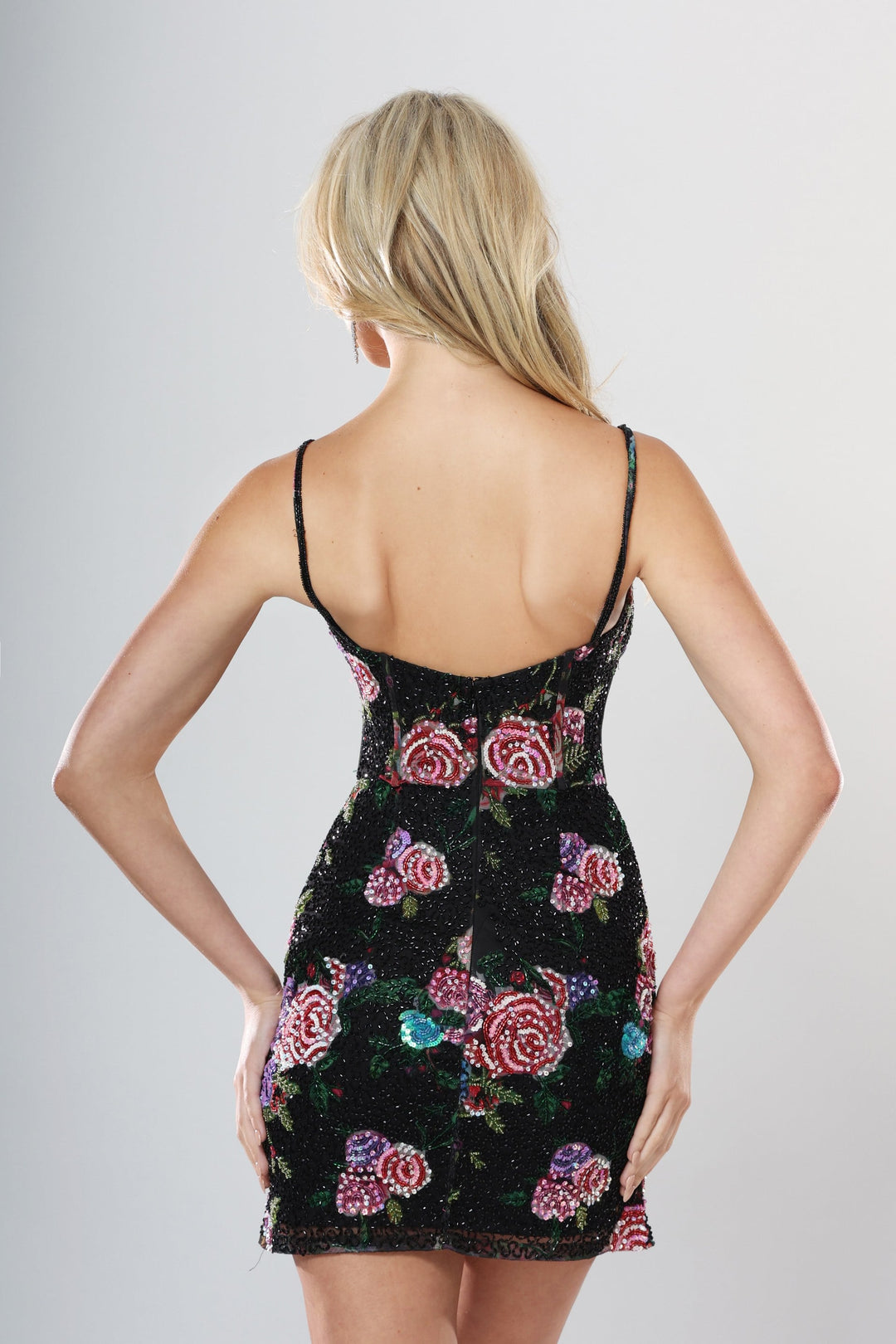 Jovani 49235 Floral Sequin Spaghetti Strap Mini Dress