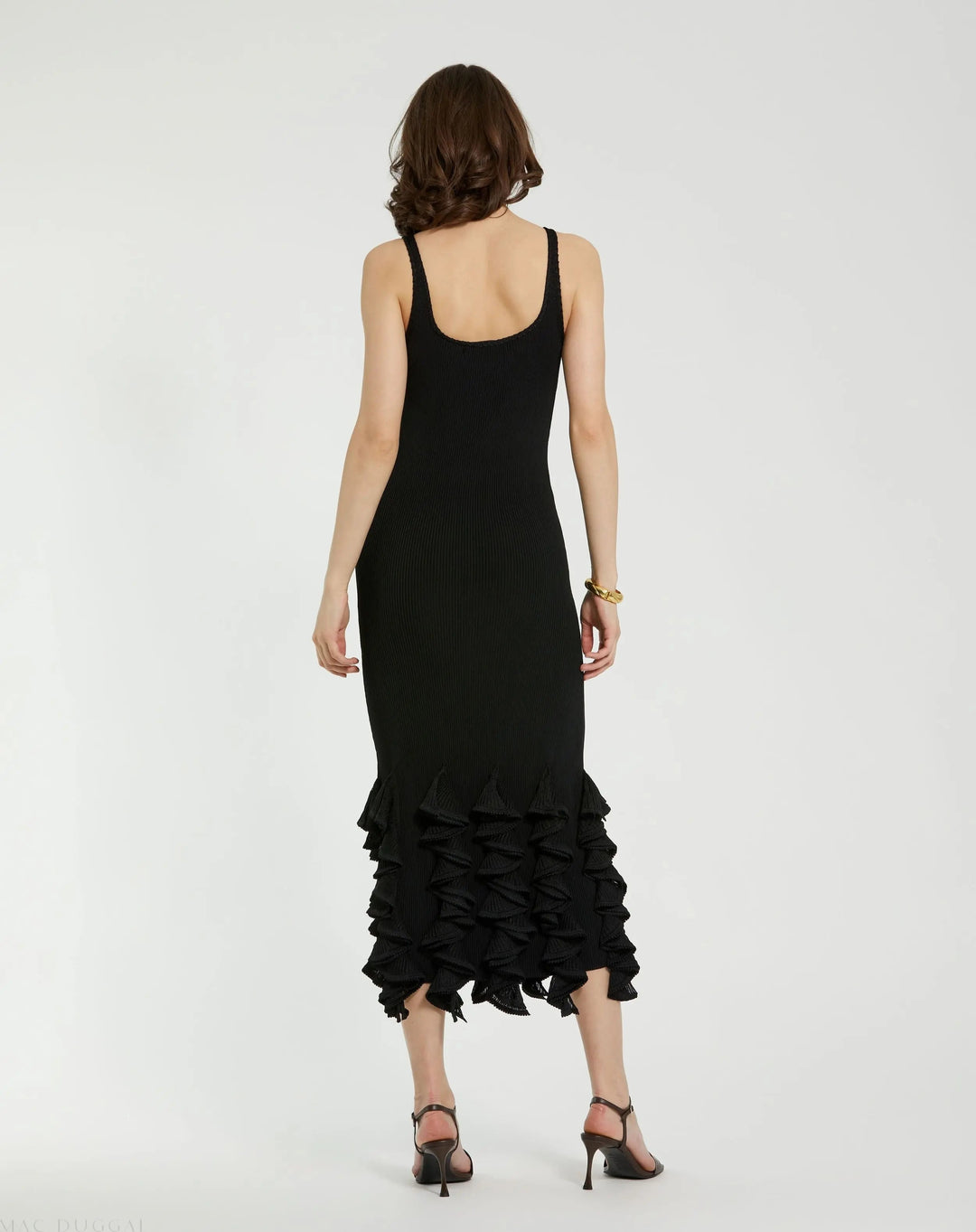 Mac Duggal K13013 Rib Knit Sleeveless Midi Dress With Ruffle Hem