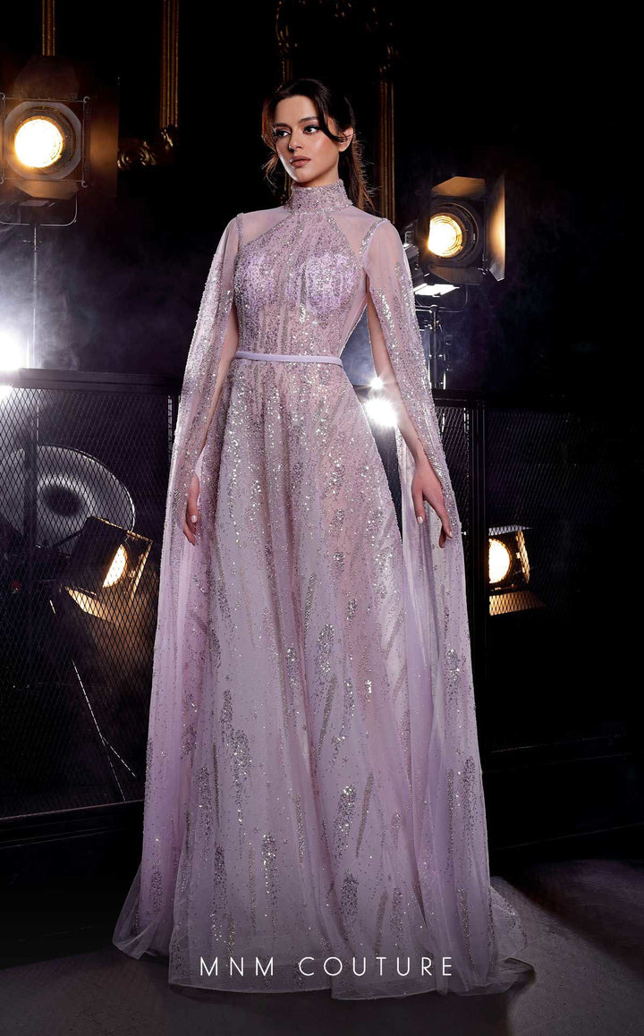 MNM Couture K3975 cape sleeve A-line evening gown front view
