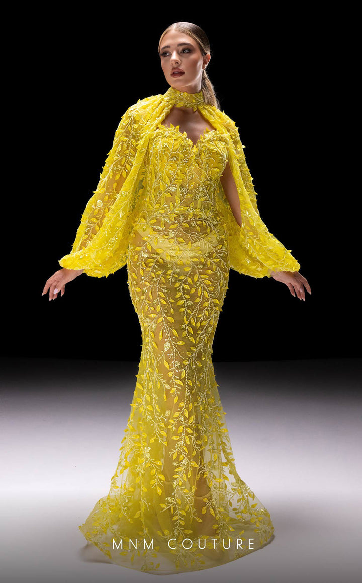 MNM Couture K4231 bishop sleeve trumpet evening gown front view