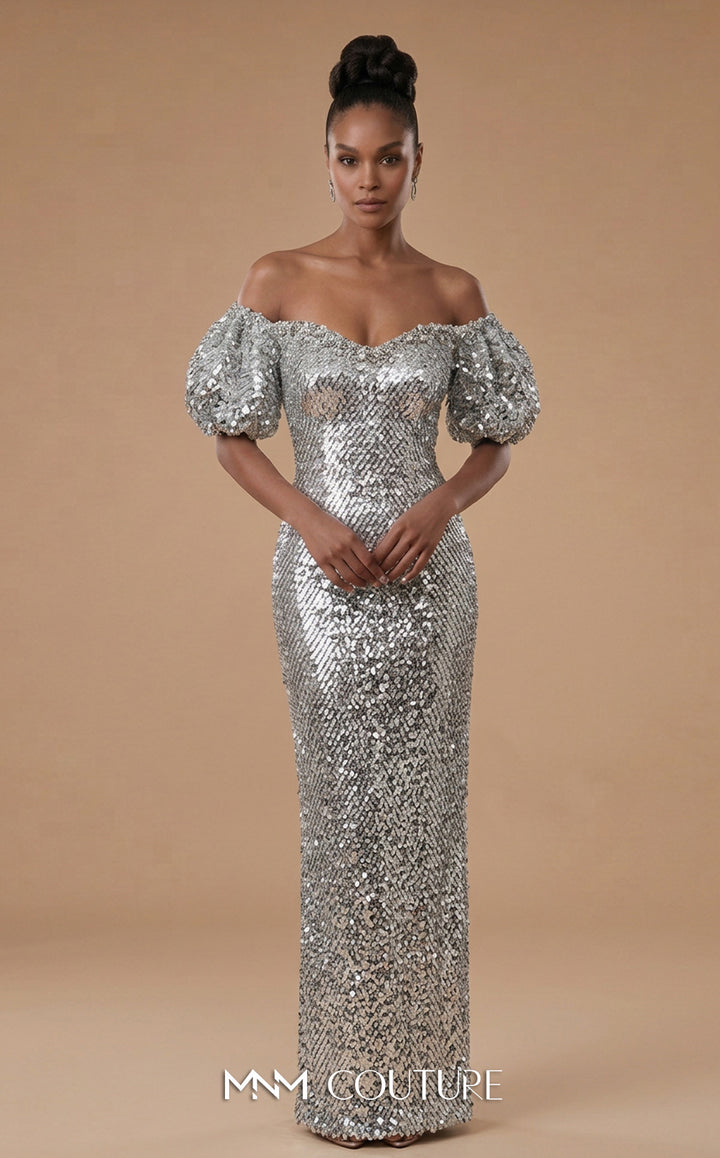 MNM Couture M1320 Off-the-Shoulder Puff Sleeve Sequin Column Evening Gown
