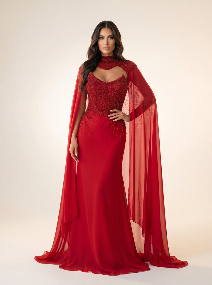 Modessa Couture MO26705 High Neck Sheer Cape Sleeves Structured Bodice Dress