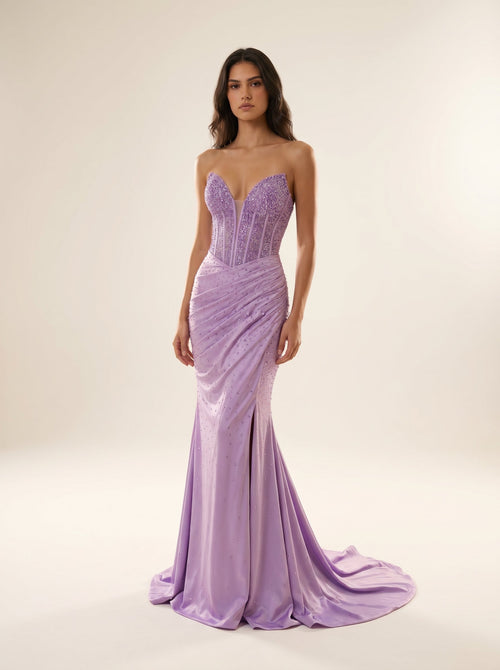 Modessa Couture MO26725 Plunging Corset Ruched Sheath Prom Dress