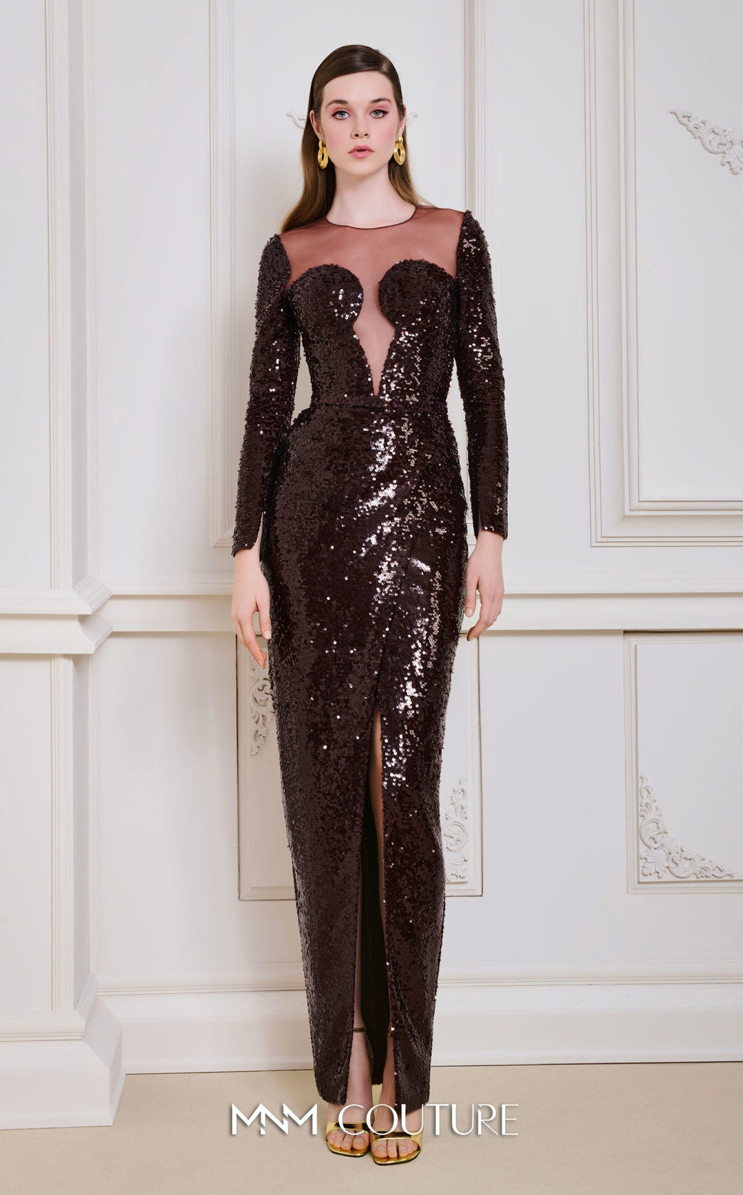 MNM Couture N0668: Sequin Illusion Neckline Gown with High Slit - FOSTANI.com