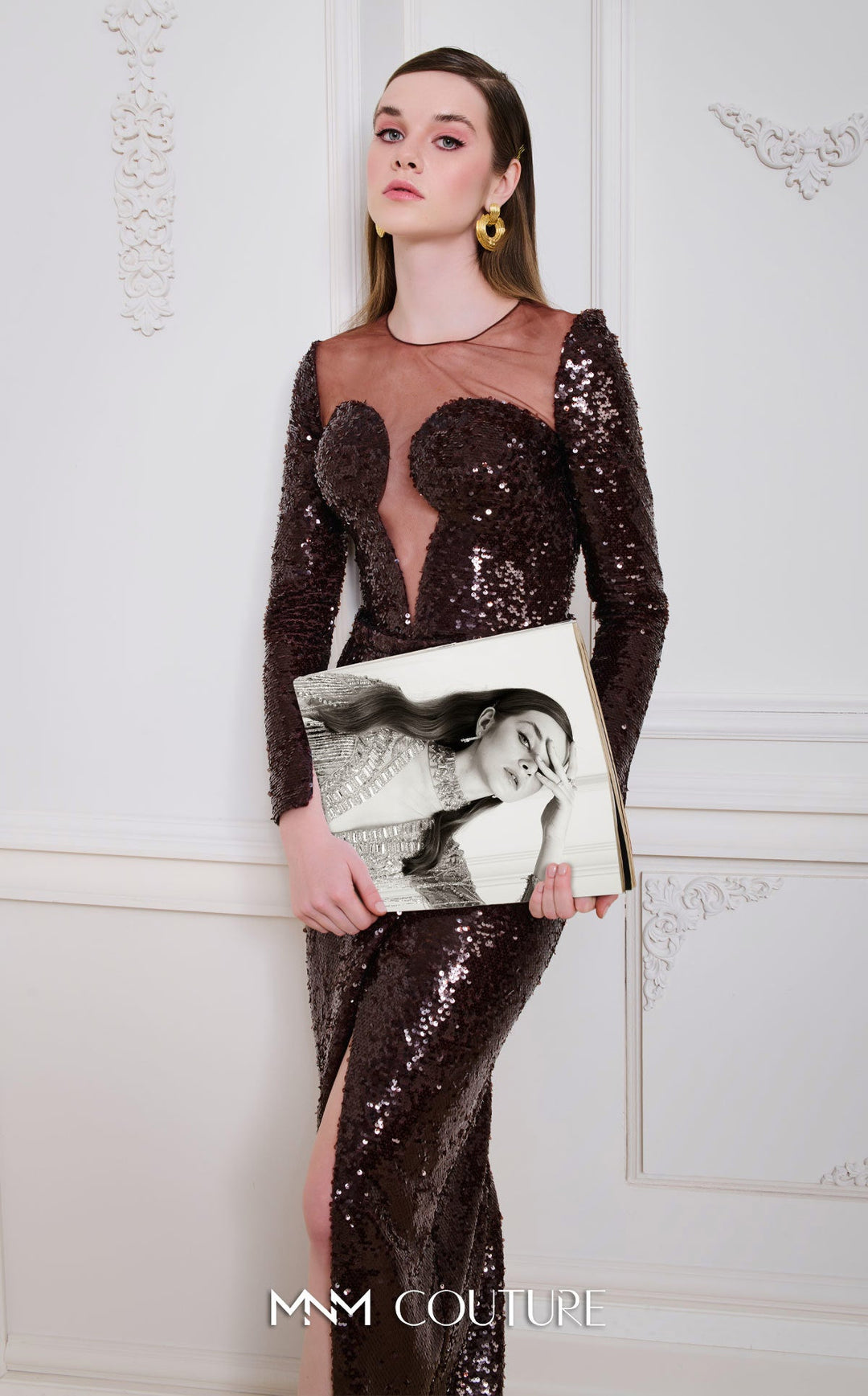 MNM Couture N0668: Sequin Illusion Neckline Gown with High Slit - FOSTANI.com