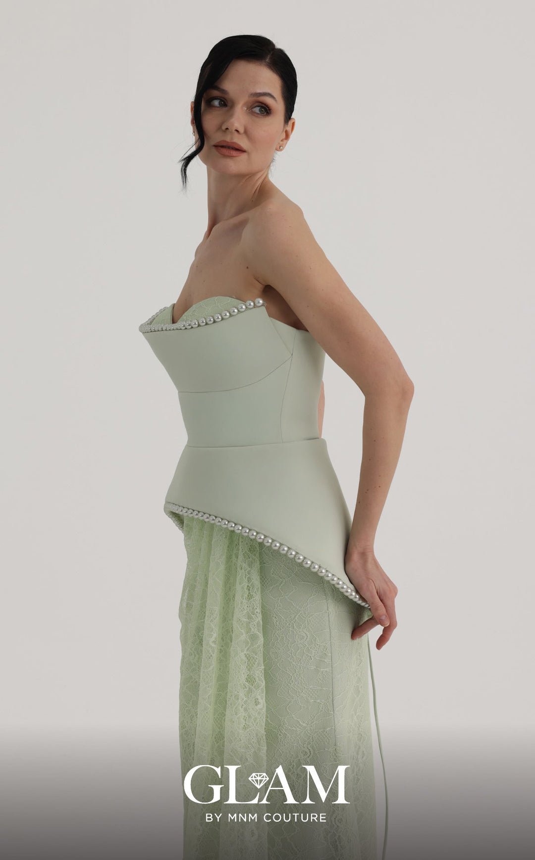 MNM Couture Style O07829: Luxurious Crepe and Lace A-Line Gown with Elegant Pearl Embellishments - FOSTANI.com
