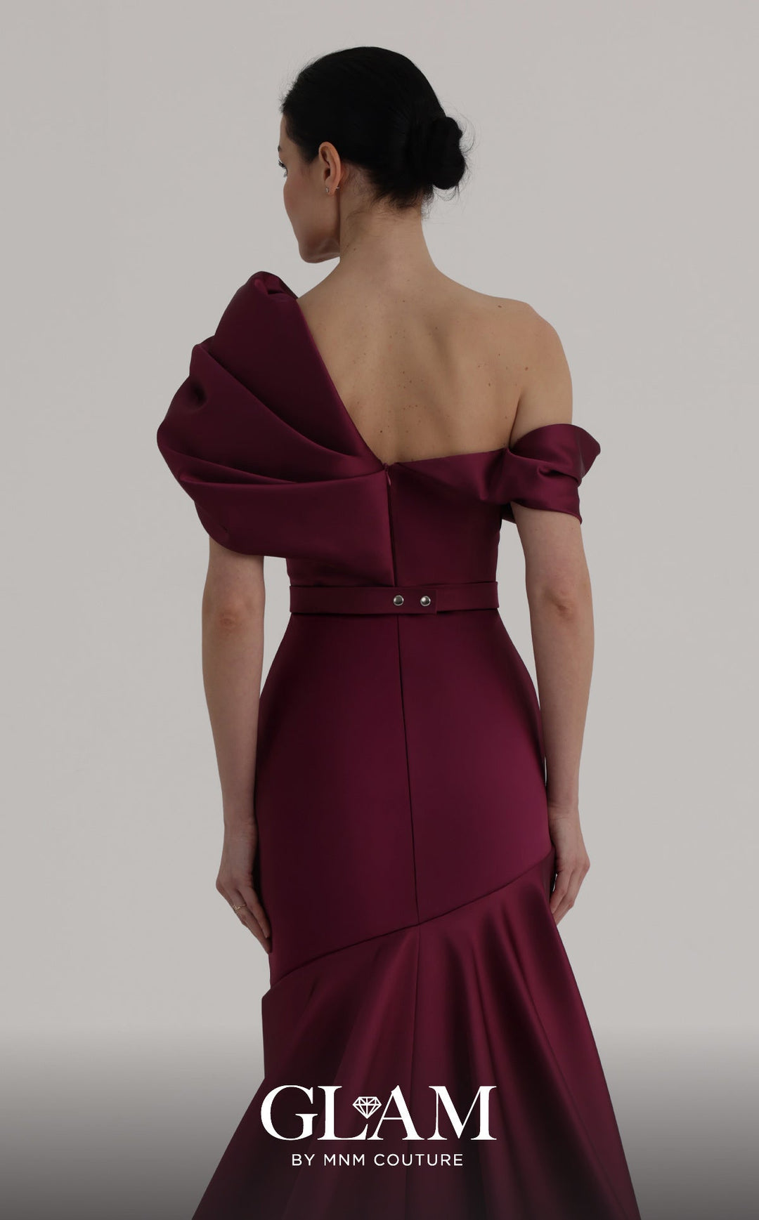 MNM Couture Style O07841: One-Shoulder Mermaid Gown with Asymmetric Satin Train - FOSTANI.com