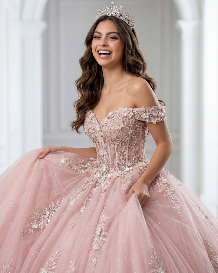Jovani Q43434 Off Shoulder Ball Gown with Lace Appliqués