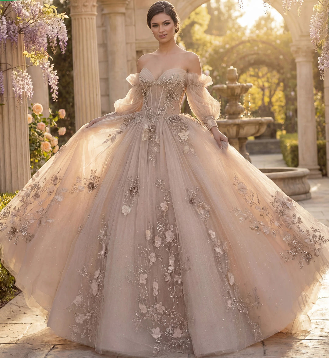 Jovani Q46662 Ball Gown with Puff Sleeves and Floral Embroidery