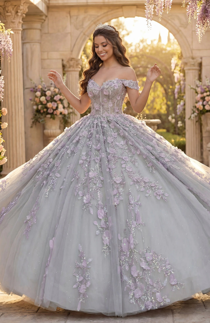 Jovani Q46665 Off Shoulder Ball Gown with 3D Floral Appliqué