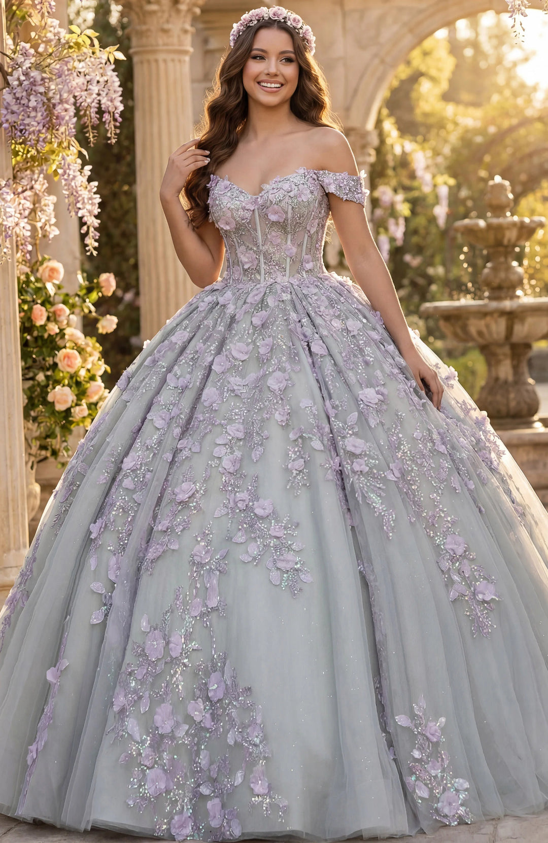 Jovani Q46665 Off Shoulder Ball Gown with 3D Floral Appliqué