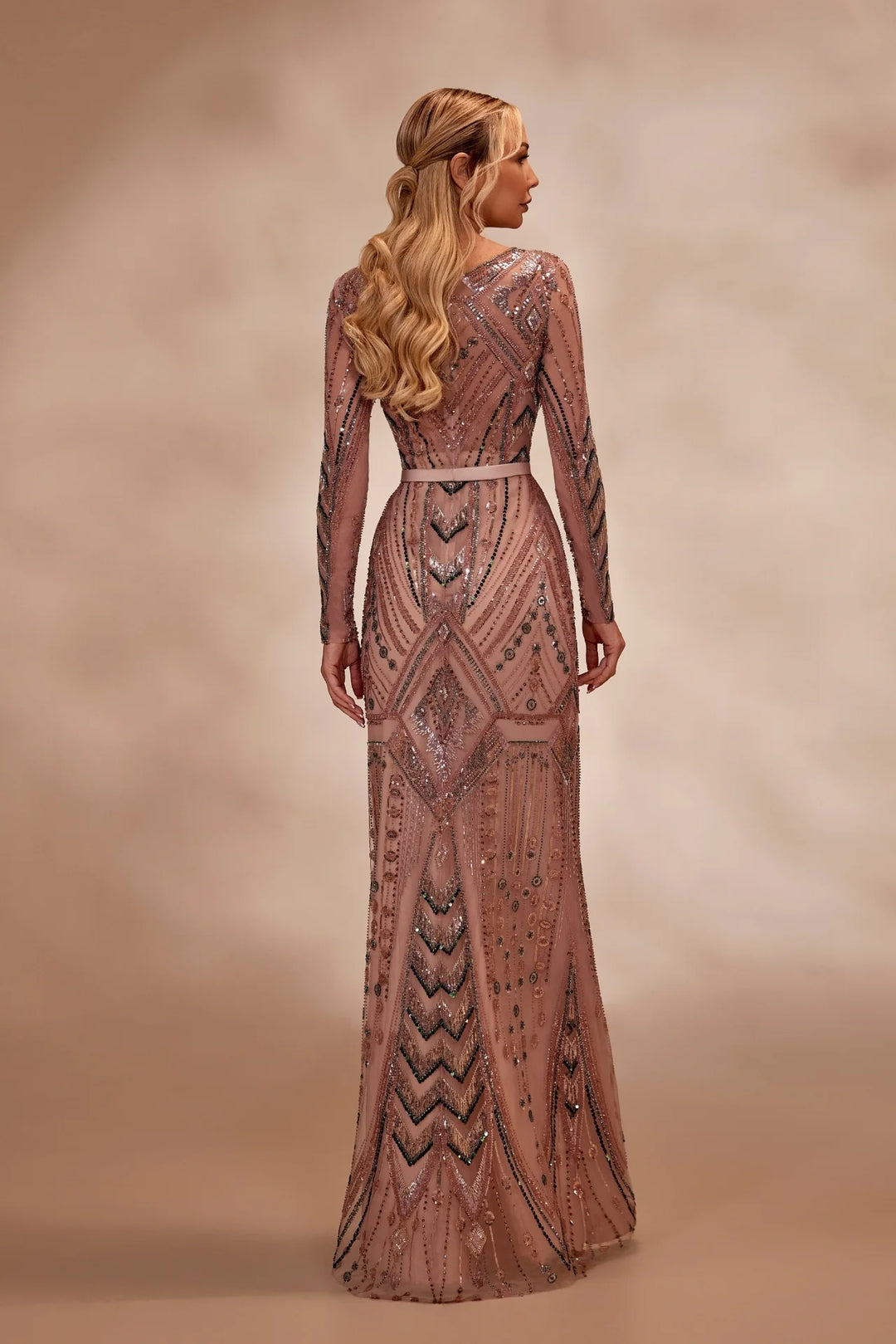 RTW1- Fully embellished Rosewood dress with long fitted beaded sleeves and a sleek - FOSTANI.com