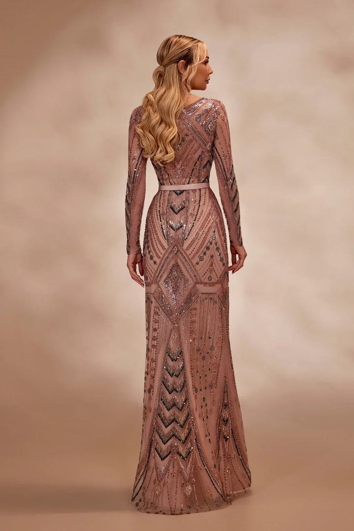 RTW1- Fully embellished Rosewood dress with long fitted beaded sleeves and a sleek - FOSTANI.com