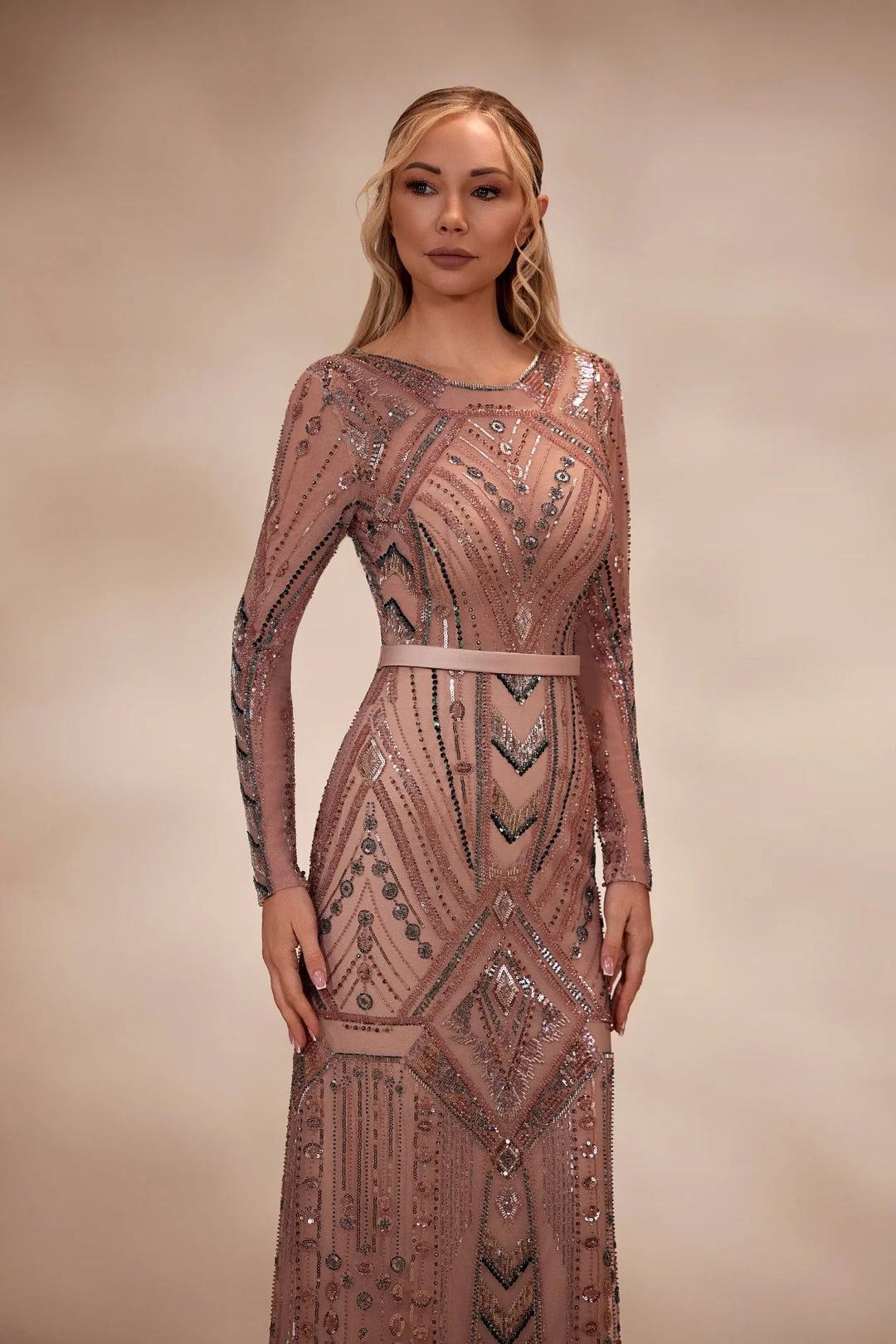 RTW1- Fully embellished Rosewood dress with long fitted beaded sleeves and a sleek - FOSTANI.com