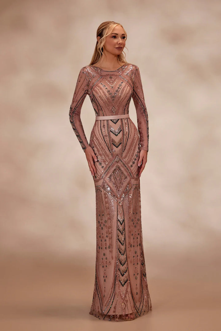 RTW1- Fully embellished Rosewood dress with long fitted beaded sleeves and a sleek - FOSTANI.com