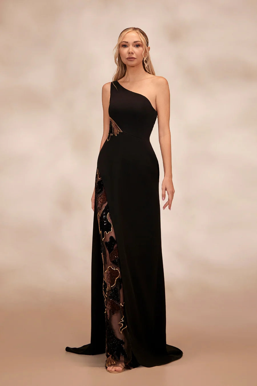 RTW10- One-shoulder black crepe dress features an embroidered velvet side waist - FOSTANI.com
