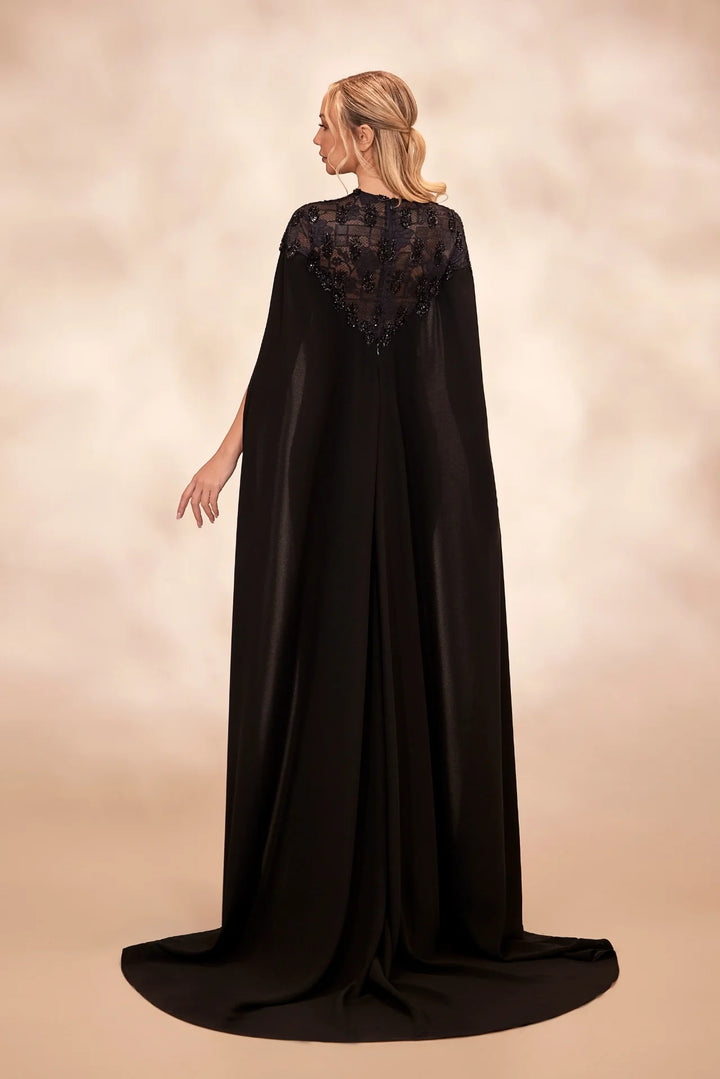 RTW11- Black column dress with floral lace and beaded bodice - FOSTANI.com