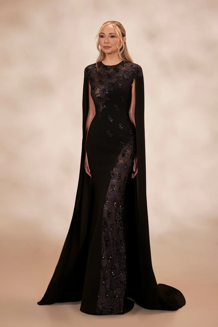 RTW11- Black column dress with floral lace and beaded bodice - FOSTANI.com