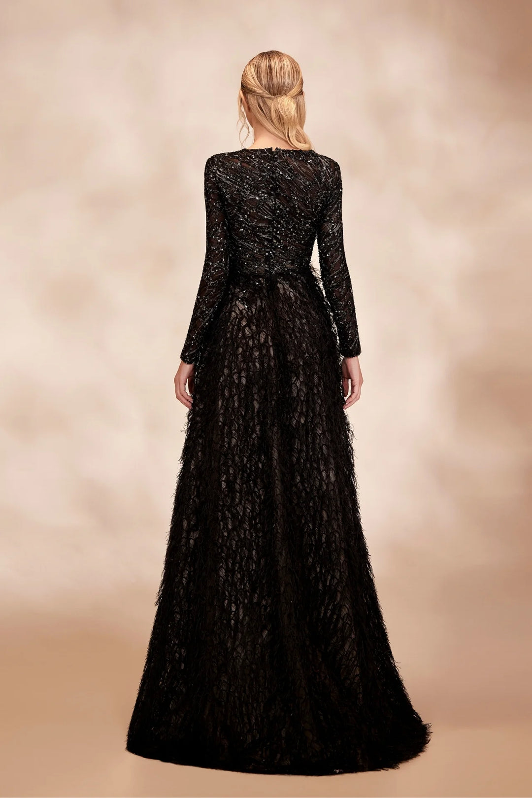 RTW12- Black dress with draped long-sleeve bodice embellished with silver threadwork - FOSTANI.com