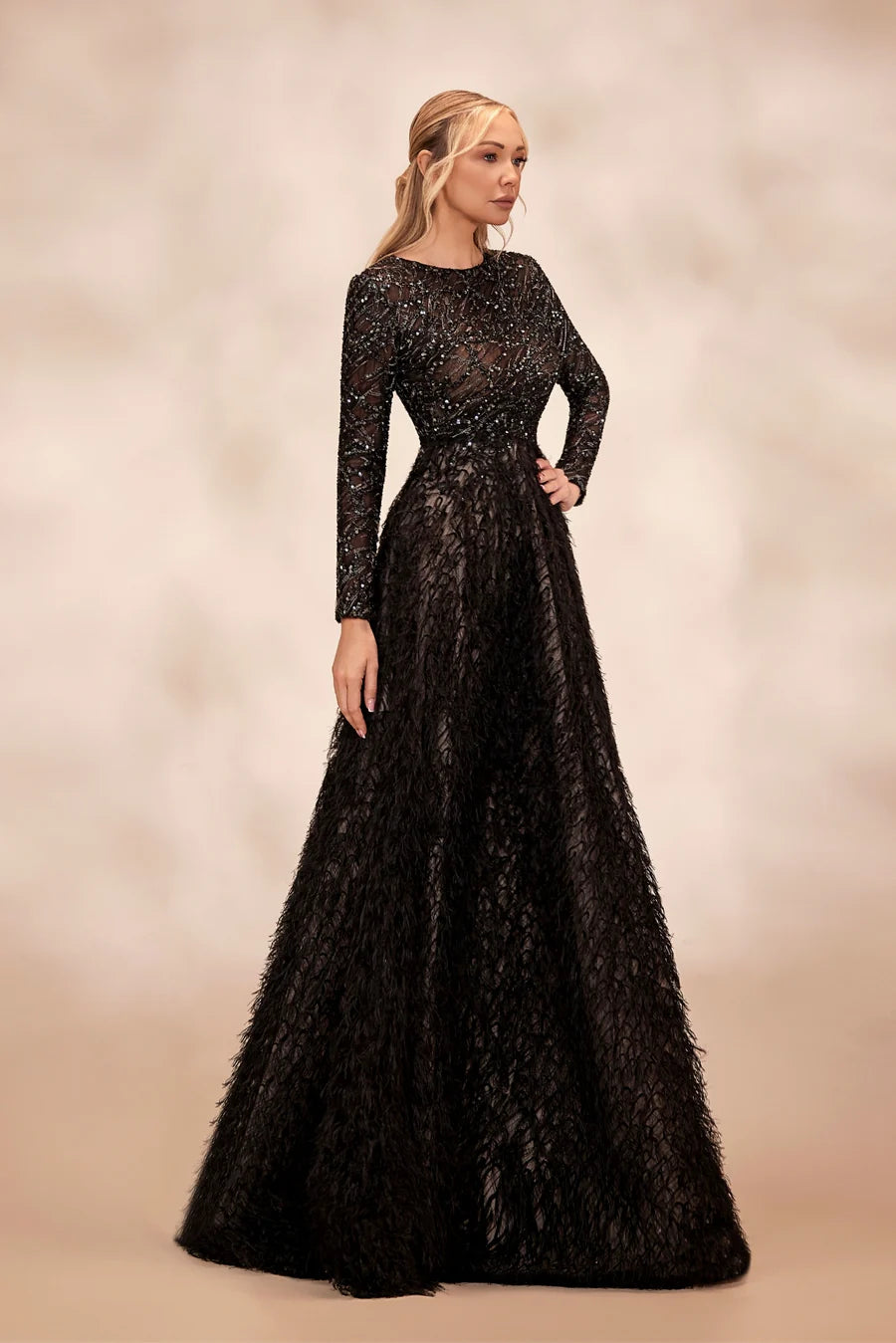 RTW12- Black dress with draped long-sleeve bodice embellished with silver threadwork - FOSTANI.com
